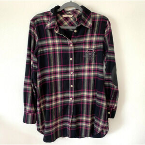 Soft Surroundings Magenta Black Plaid Button Elbow Patch Embroidered Back M